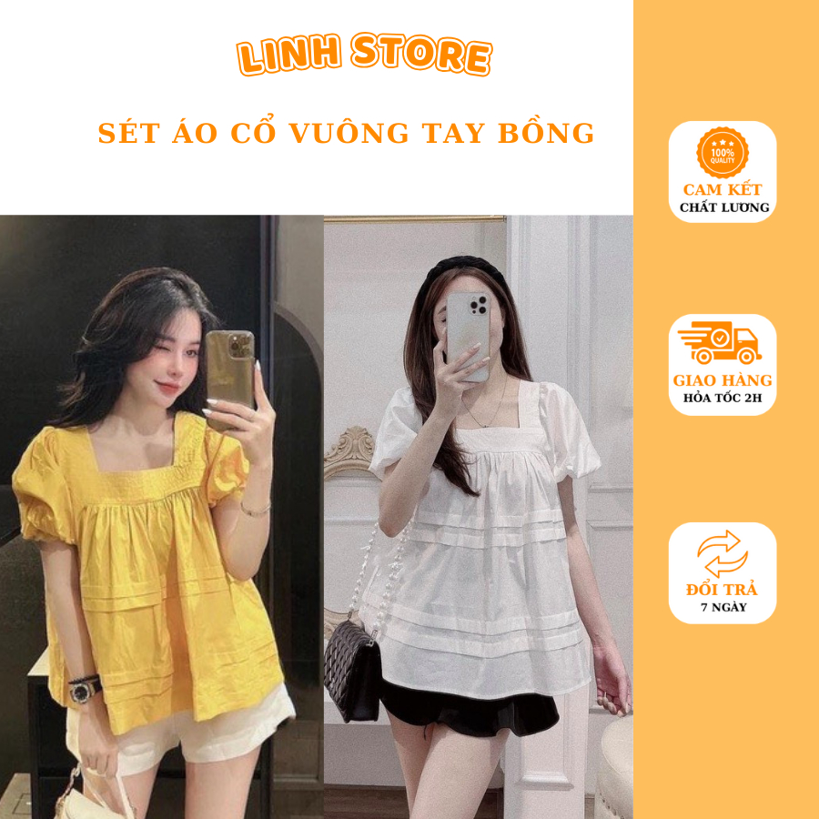 Sét áo cổ vuông tay bồng dáng babydoll kèm quần sooc đen ống rộng SET0101