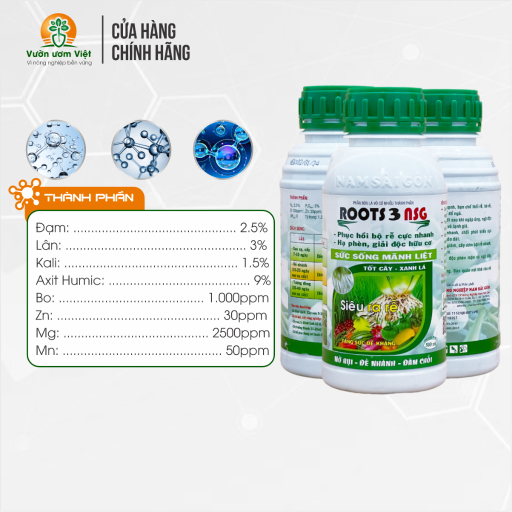 Phân bón Roots 3 - phục hồi rễ, kích rễ đậm đặc, tăng độ màu mỡ đất, cây khỏe tự nhiên - 500ml