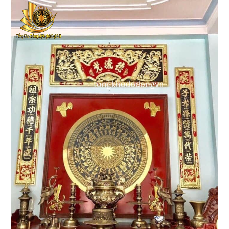 Hoành phi câu đối, Bộ cuốn thư đại tự câu đối dày 4 rem bằng đồng nguyên chất 1m76, 1m55, 1m35