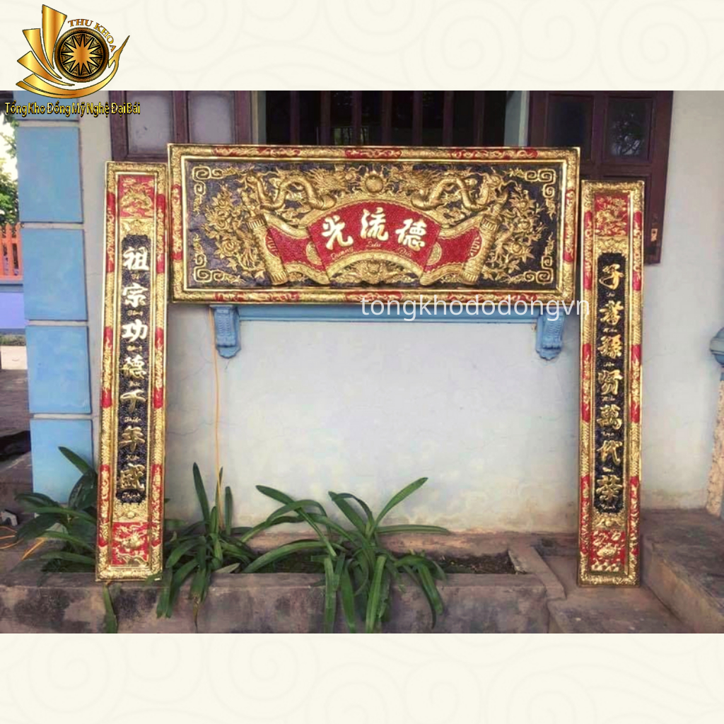 Hoành phi câu đối, Bộ cuốn thư đại tự câu đối dày 4 rem bằng đồng nguyên chất 1m76, 1m55, 1m35