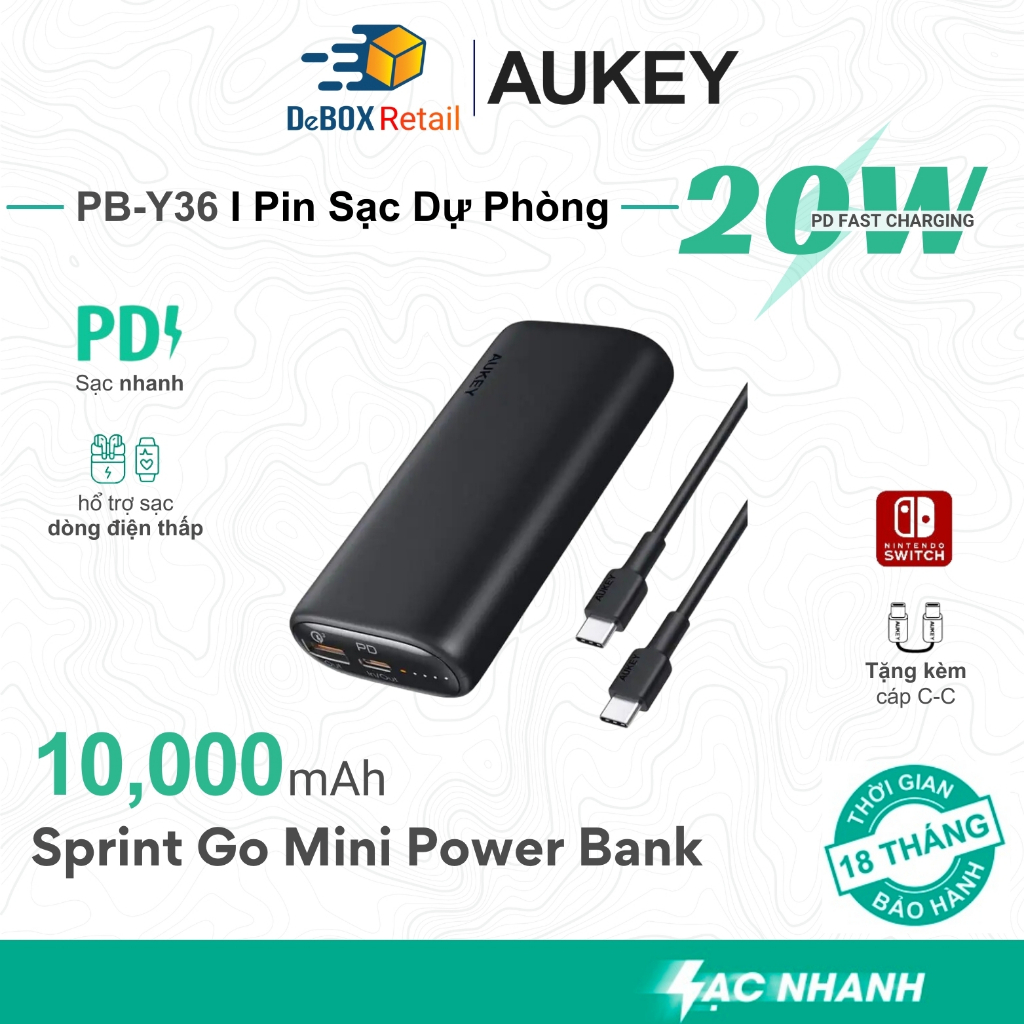 Pin Sạc Dự Phòng AUKEY PB-Y36 10.000mAh Sạc Nhanh PD 20W QC Pin Sạc Dự Phòng AUKEY PB-Y36 10.000mAh Sạc Nhanh PD 20W QC