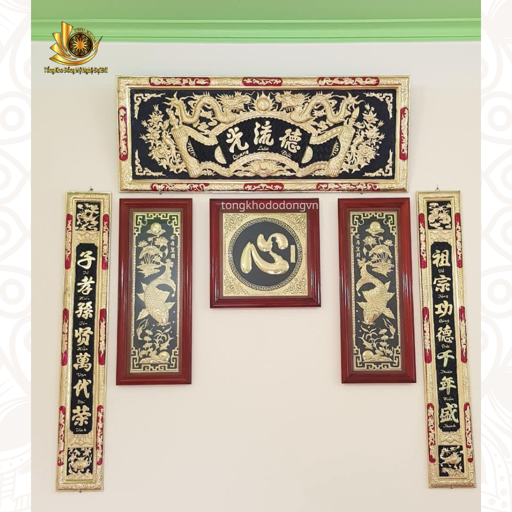 Bộ hoành phi câu đối 1m55 bằng đồng, cuốn thư câu đối bằng đồng vàng nguyên chất miễn ship toàn quốc