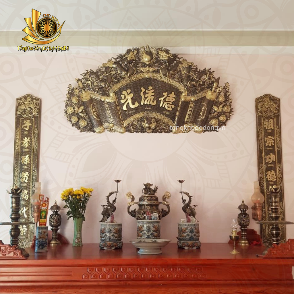 Hoành phi câu đối, Bộ cuốn thư đại tự câu đối bằng đồng nguyên chất 1m55,1m76 dày 4 rem, 6 rem
