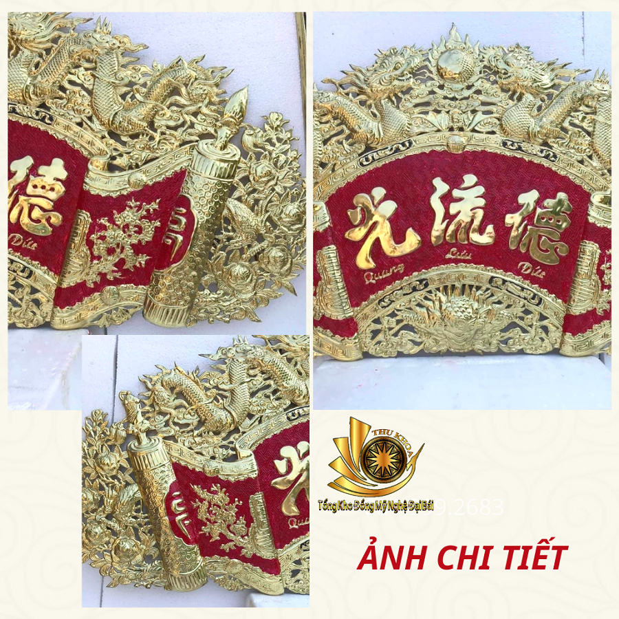 Combo Bộ Hoành Phi Đại Tự Cuốn Thư Câu Đối 6 Rem Bằng Đồng Nguyên Chất Sơn Son 1m35, 1m55, 1m76 Đặt Ban Thờ Đồng Đại Bái