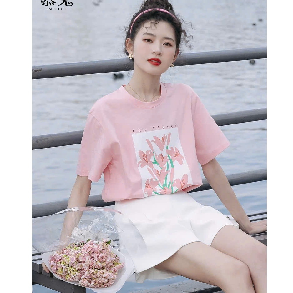 Áo thun Nữ ngắn tay in hình Hoa màu pastel thanh lịch JULY fashion, Áo phông nữ hàn quốc chất Cotton 4 chiều