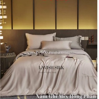 (Best Seller]Trọn Bộ Chăn Ga Gối Lụa Lavish Silk Cao Cấp Mát Lạnh Hàng Loại 1-Xám Ghi Mix Hồng Phấn