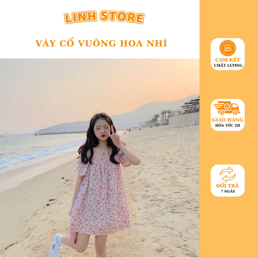Váy hoa nhí,váy hoa cổ vuông hở lưng điệu đà 2 lớp (hàng sẵn video ảnh thật) (1)