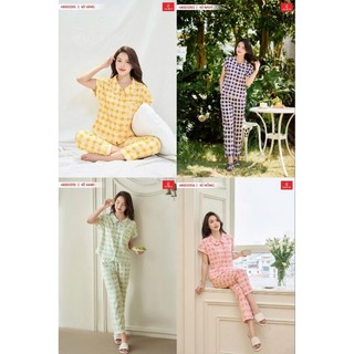 4BSD03 Bộ lụa Hàn Châu kẻ quần dài tay liền