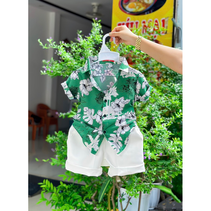 set sơmi hoạ tiết xanh hoa trắng cho bé trai TONiBRAND 10-52kg