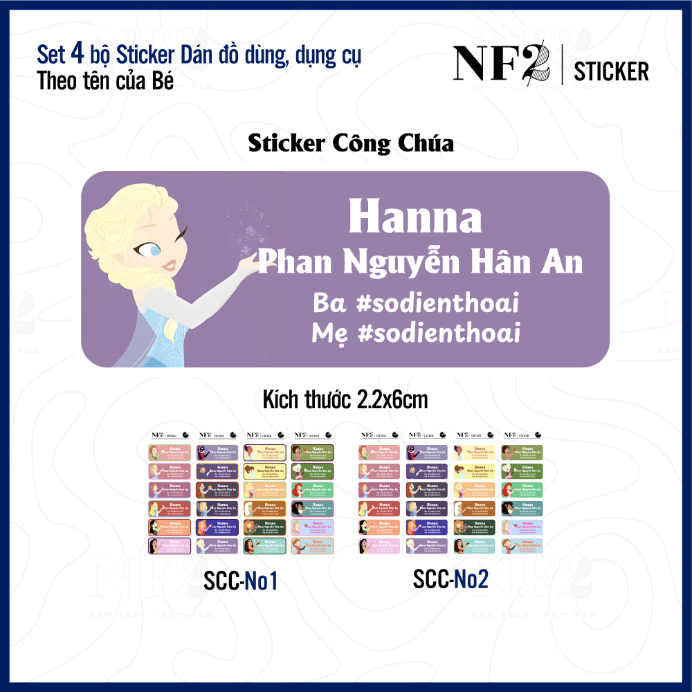 STICKER CÔNG CHÚA - Dán đồ dùng, dụng cụ In Tên Bé NF2Sticker - Set 4 bộ kích thước 2.2 x 6 cm