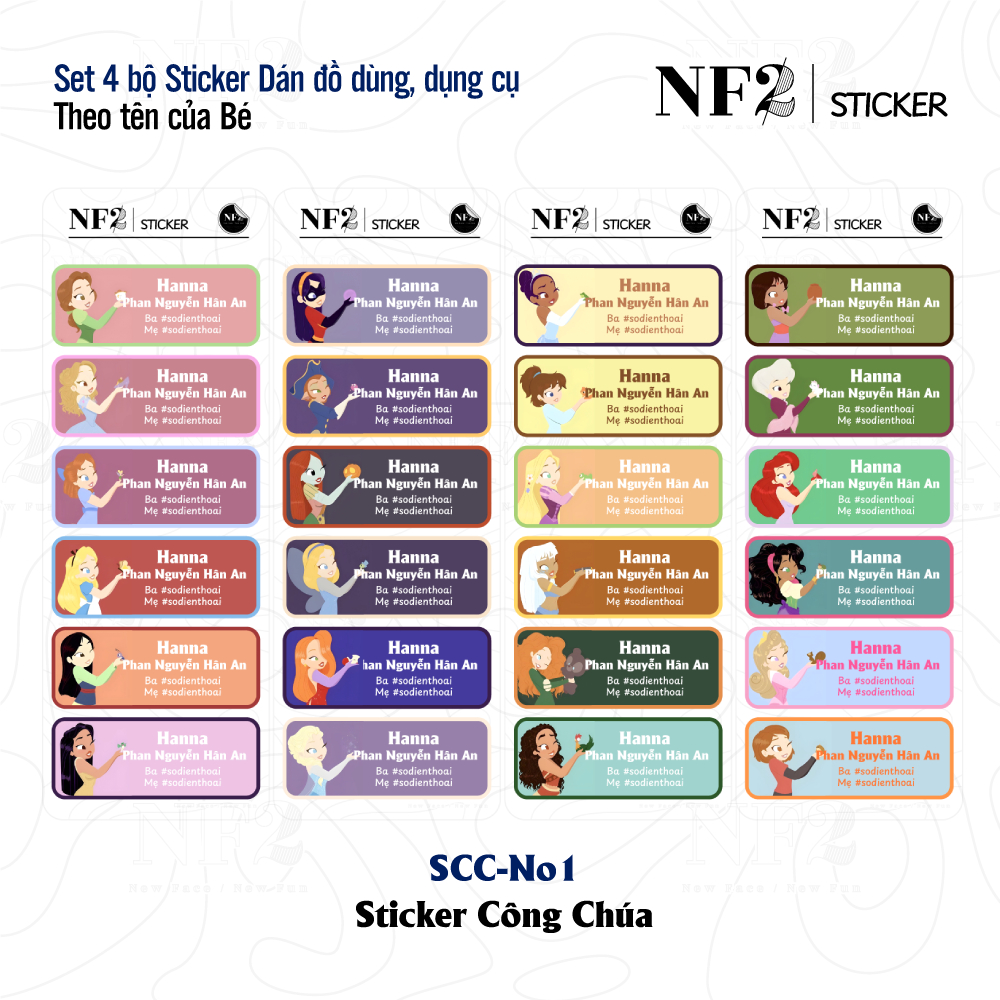 STICKER CÔNG CHÚA - Dán đồ dùng, dụng cụ In Tên Bé NF2Sticker - Set 4 bộ kích thước 2.2 x 6 cm