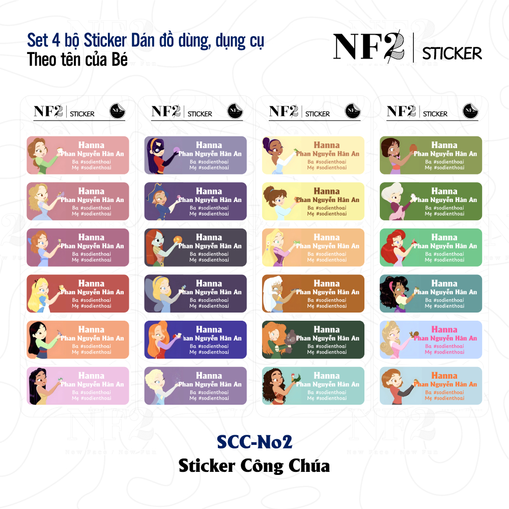 STICKER CÔNG CHÚA - Dán đồ dùng, dụng cụ In Tên Bé NF2Sticker - Set 4 bộ kích thước 2.2 x 6 cm