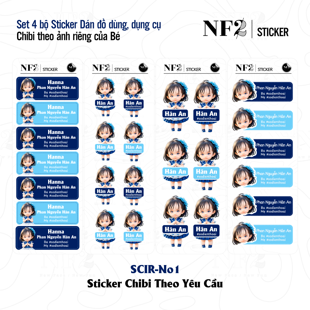 STICKER CHIBI CHO BÉ - Dán đồ dùng, dụng cụ In Tên Bé NF2Sticker - Set 4 bộ kích thước 2.2 x 6 cm