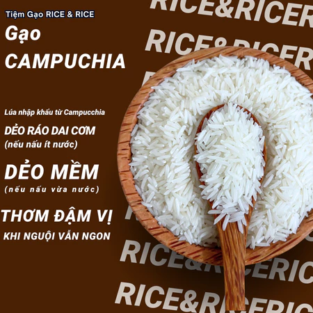 Túi 5KG Gạo Campuchia - Gạo hạt thon dài hạt trắng đục giữ được mùi vị lâu - Rice&Rice