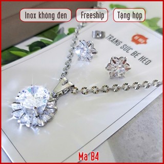 Tặng hộp Bộ trang sức inox hoa kẹp đá Zricon cao cấp không đen Trang sức Bé Heo BHB195