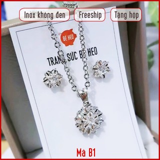 Tặng hộp Bộ trang sức inox hoa kẹp đá Zricon cao cấp không đen Trang sức Bé Heo BHB195