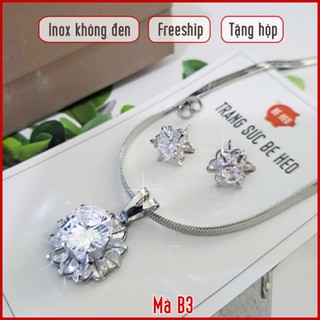 Tặng hộp Bộ trang sức inox hoa kẹp đá Zricon cao cấp không đen Trang sức Bé Heo BHB195