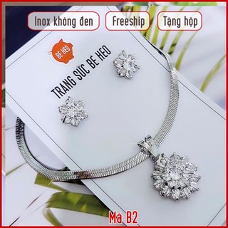 Tặng hộp Bộ trang sức inox hoa kẹp đá Zricon cao cấp không đen Trang sức Bé Heo BHB195