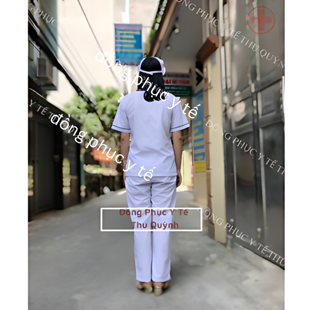 Bộ Scrubs Trắng viền Xanh lá vải lon nhật - bác sĩ, blouse cổ tim, đồng phục điều dưỡng, spa, thẩm mỹ viện, dược sĩ