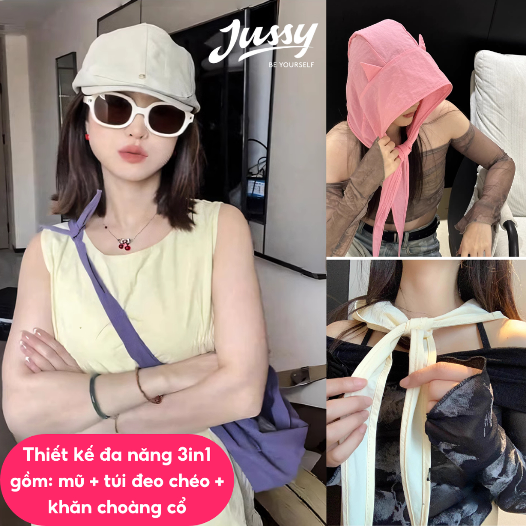 Mũ Trùm Đầu Tai Mèo Đa Năng 3in1 Gồm Mũ, Khăn Choàng Và Túi Đeo Chéo JK56 Jussy Official Kiểu Mũ Chống Nắng Vải Dù Mát