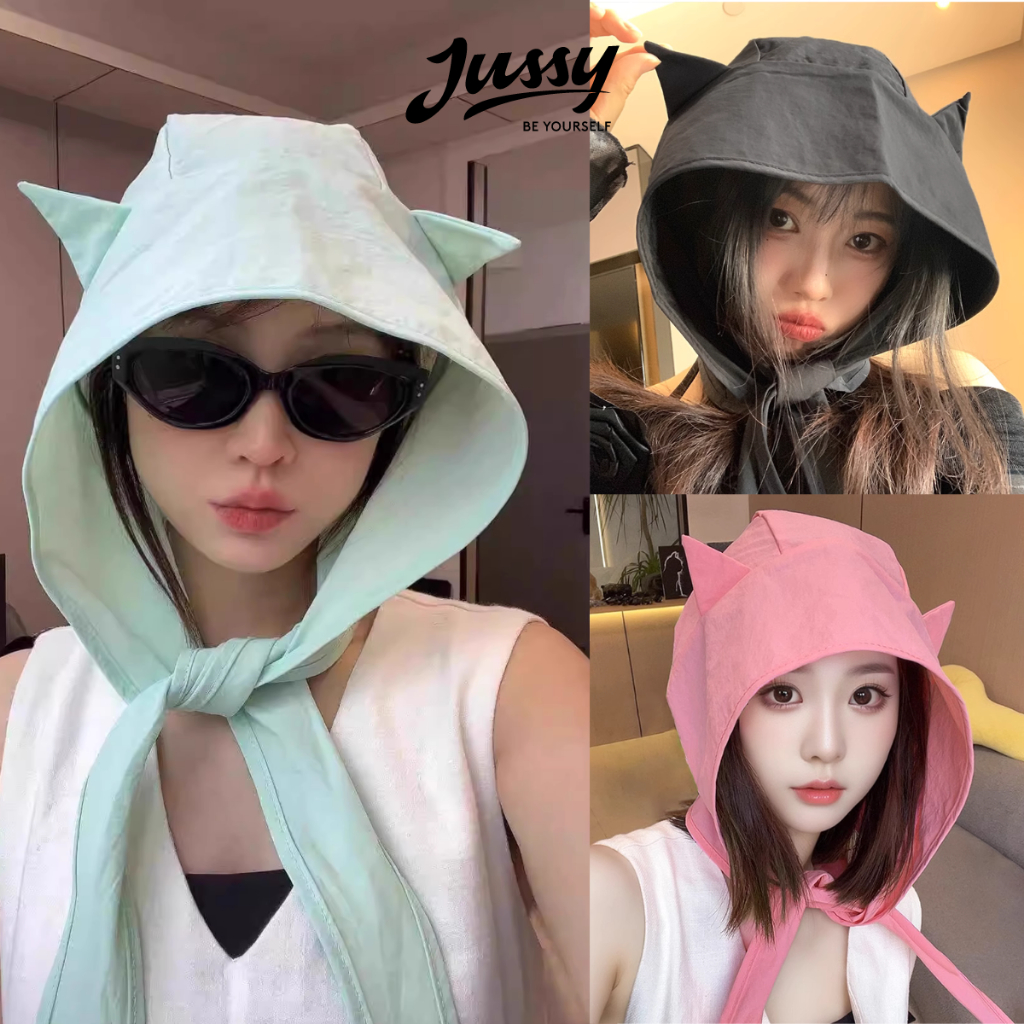 Mũ Trùm Đầu Tai Mèo Đa Năng 3in1 Gồm Mũ, Khăn Choàng Và Túi Đeo Chéo JK56 Jussy Official Kiểu Mũ Chống Nắng Vải Dù Mát