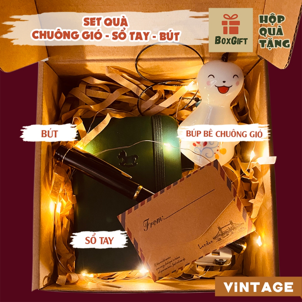 Set quà CHUÔNG GIÓ-SỔ TAY-BÚT quà tặng cho người yêu, bạn gái, bạn trai ...