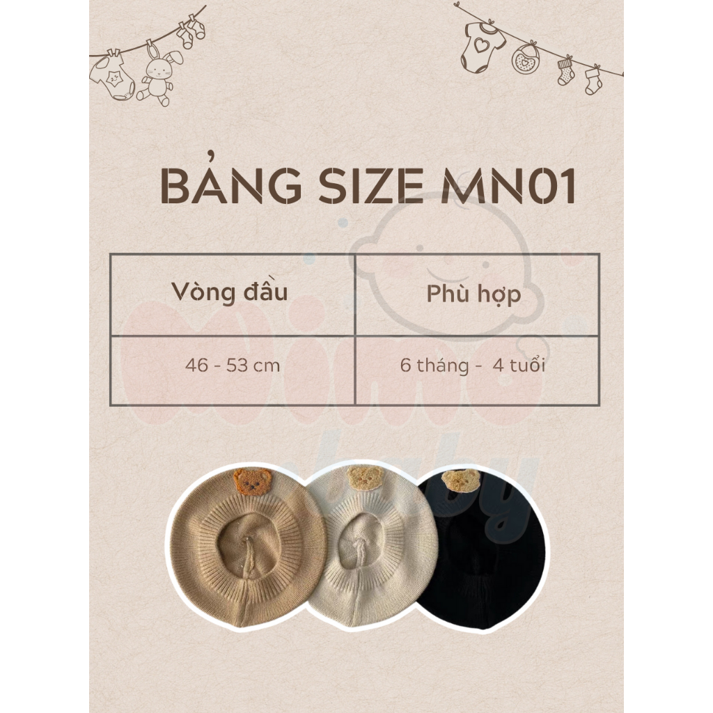Mũ nồi len họa tiết ĐÍNH GẤU thêu phong cách Hàn Quốc đáng yêu cho bé 0-4 tuổi nhiều màu