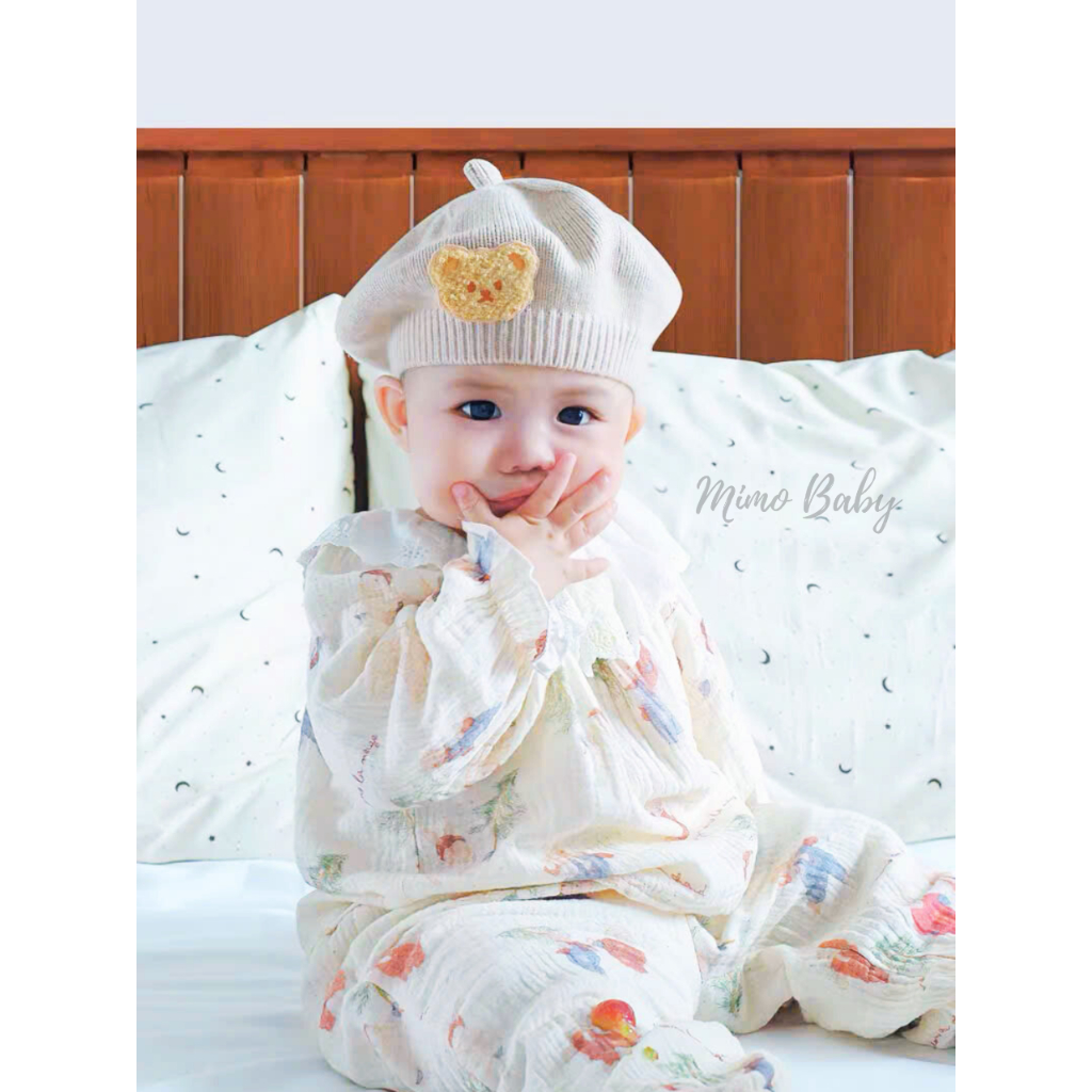 Mũ nồi len họa tiết ĐÍNH GẤU thêu phong cách Hàn Quốc đáng yêu cho bé 0-4 tuổi nhiều màu