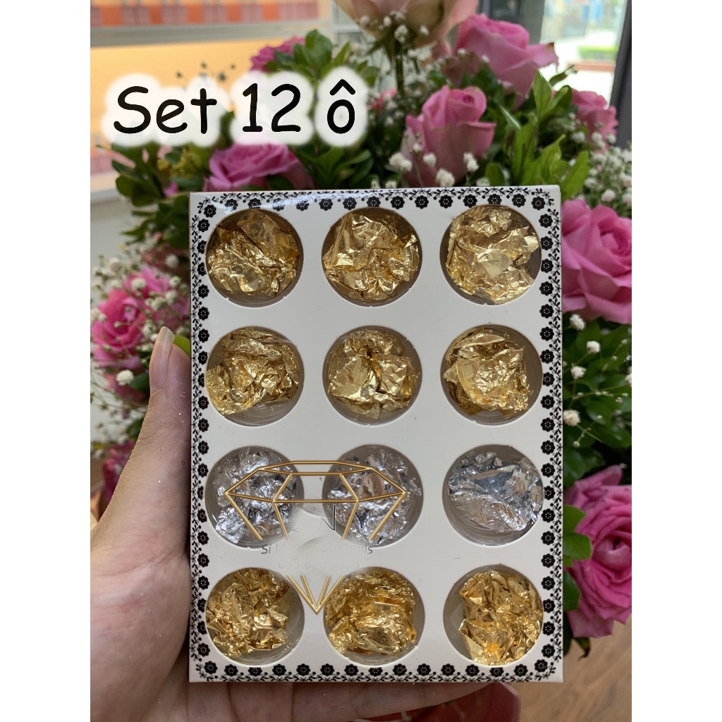 SET giấy nhún, set giấy nhún vàng bạc 12 ô, giấy nhún ẩn gel, vân đá