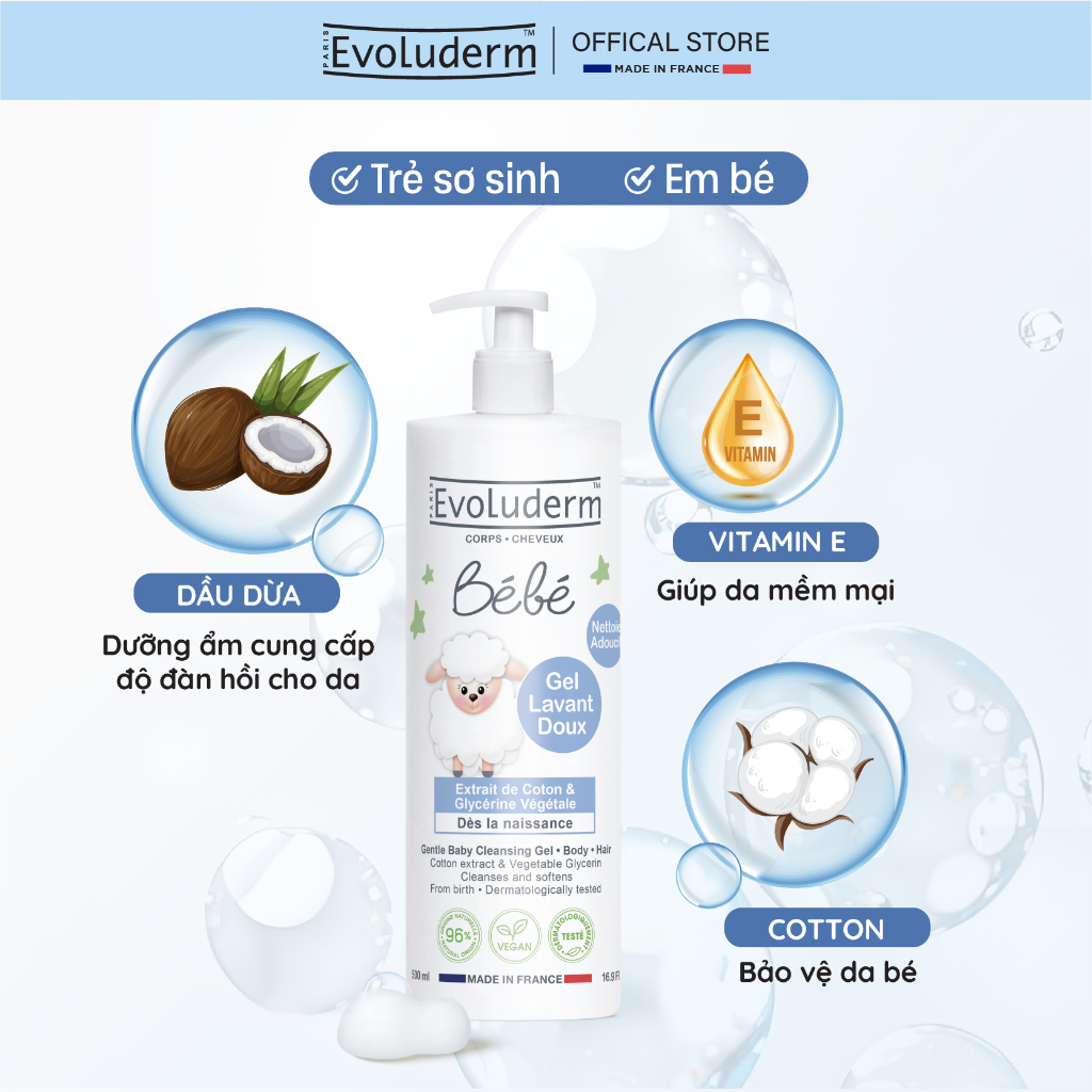 Ảnh Gel tắm gội làm sạch dưỡng ẩm toàn thân cho em bé Chính hãng Evoluderm 500ml (9135) 2