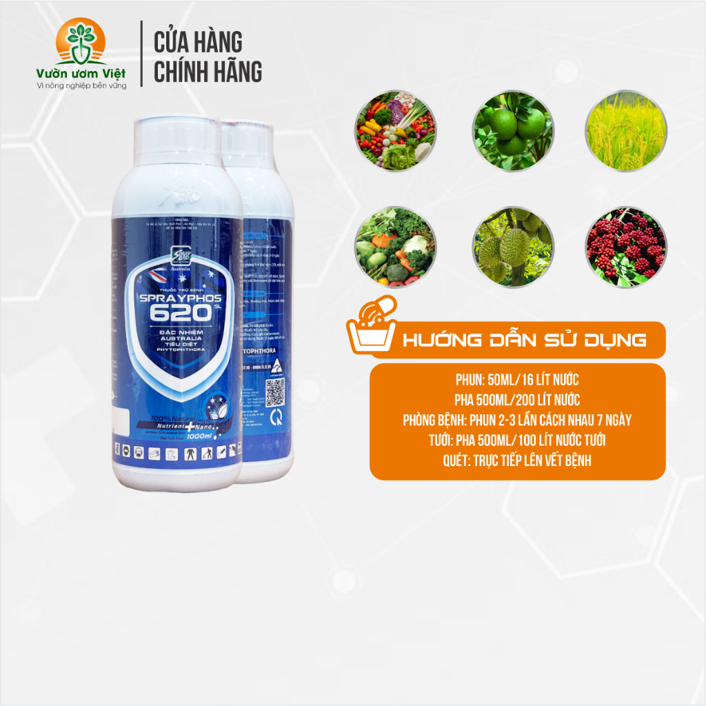 Thuốc trừ bệnh Sprayphos 620SL trị nứt gốc, nứt thân, xì mủ, thối trái, lở da, nấm bệnh cây trồng