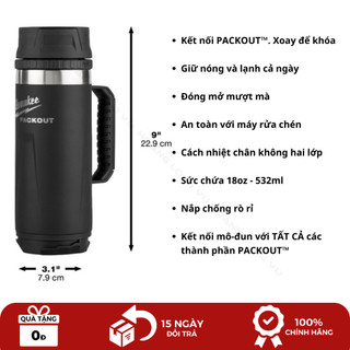 Bình giữ nhiệt 532ml Milwaukee 48-22-8394 inox chuẩn 2 lớp giữ nhiệt, chống va đập gắn được Packout