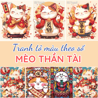 TỔNG HỢP-Tranh tô màu theo số, tranh số hóa MÈO THẦN TÀI, TRANG TRÍ TẾT, MÈO MAY MẮN, khung 40x50cm