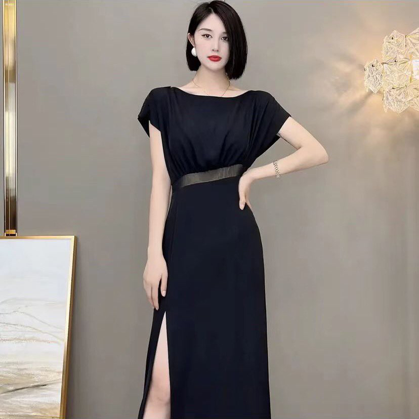Váy Đen Giáp Da Cao Cấp Co Giãn Giấu Bụng Ngắn Tay