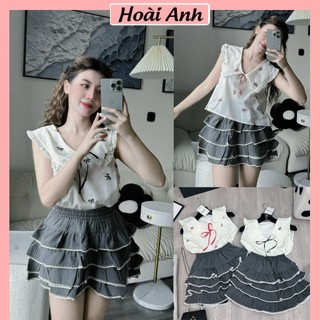 Set Bộ Đồ Nữ Áo Sát Nách Họa Tiết Nơ Phối Cổ Viền Bèo Nơ Đính Nổi Mix Chân Váy Xám Kaki Xếp Tầng Bèo Viền Ren Freesize