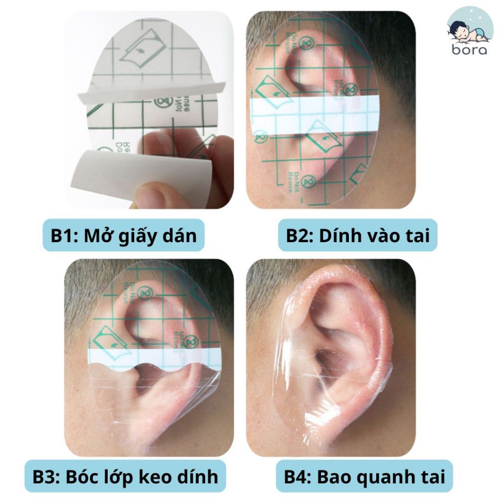 Miếng dán bịt tai chống nước cho bé đi tắm/đi bơi dùng 1 lần có màng PU siêu mỏng, có bông thấm nước [Set 20c có bông]