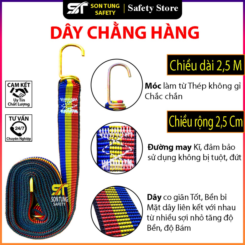 Dây Chun Chằng Hàng, Dây Ràng Buộc Hàng, rộng 2,5cm, dài 2,5m, 2 Móc ...