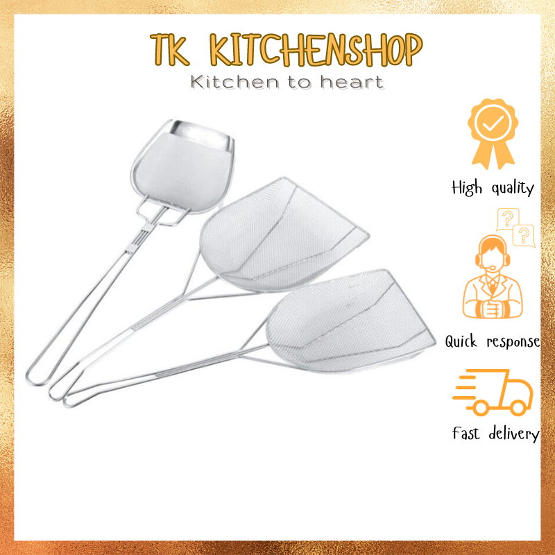 Xẻng xúc khoai, vớt đồ chiên bằng inox cán dài, vợt lưới inox thân bẹt ...