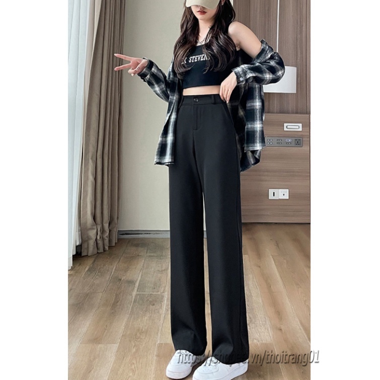 QUẦN Suông ỐNG RỘNG NỮ ĐẸP LƯng CẠP CAO,QUầN TÂY Âu DÀI Ống Đứng Vải Mềm Khóa Trước CHẤT RUBY CAO CẤP MÀU ĐEN-DNG