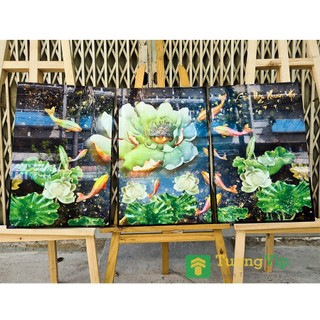 Tranh Tráng Gương Laminate - Treo Tường Cửu Ngư Quần Hội Và Hoa Sen - Tranh Phong Thủy