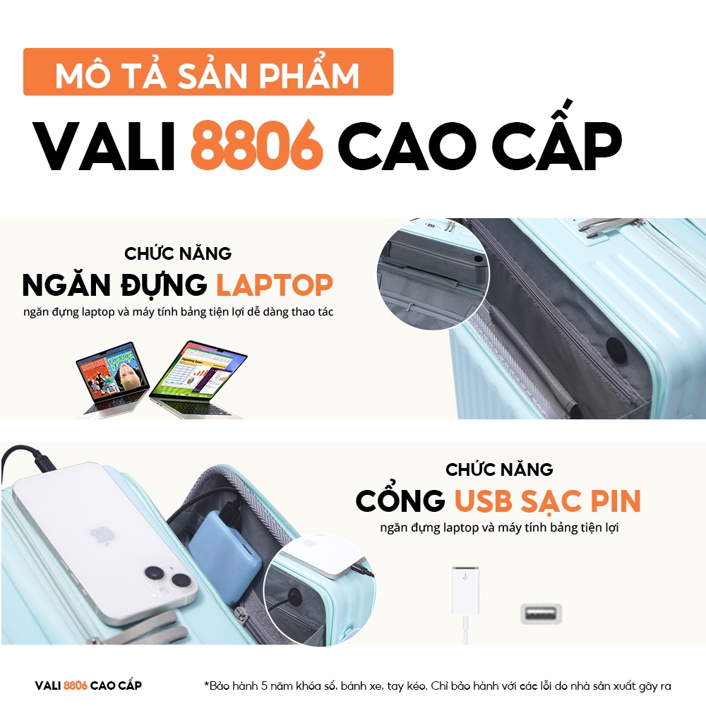 Ảnh Vali Bamozo 8806 Cao Cấp Size 20/24 Nhựa PC Nguyên Khối, Ngăn Đựng Laptop 2