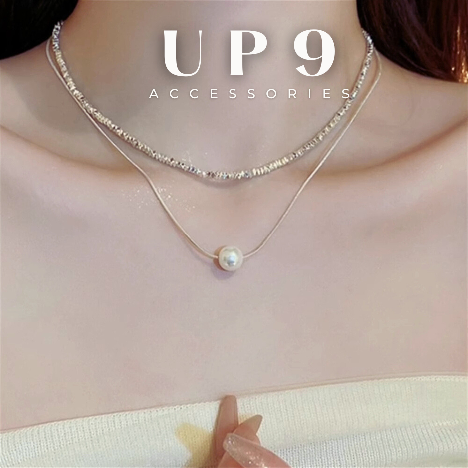 UP9 Vòng cổ bạc vỡ layer 2 tầng phối hạt ngọc trai nhân tạo cá tính đẹp ...