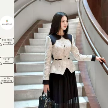 Áo dạ kiểu dáng peplum công sở nữ HINSTORE áo dạ tweed nhũ kẻ tiểu thư phối đáp lượn sóng dài tay 2 lớp 270
