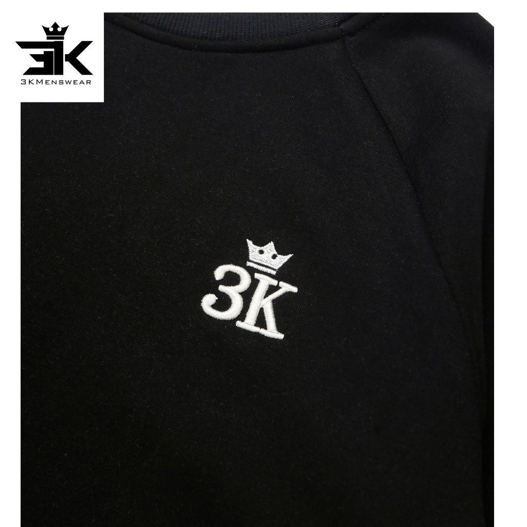 Áo sweater 3KMEN nỉ lót lông, áo dài tay unisex nam nữ trơn thêu có chữ bo tay cổ form 45-85kg
