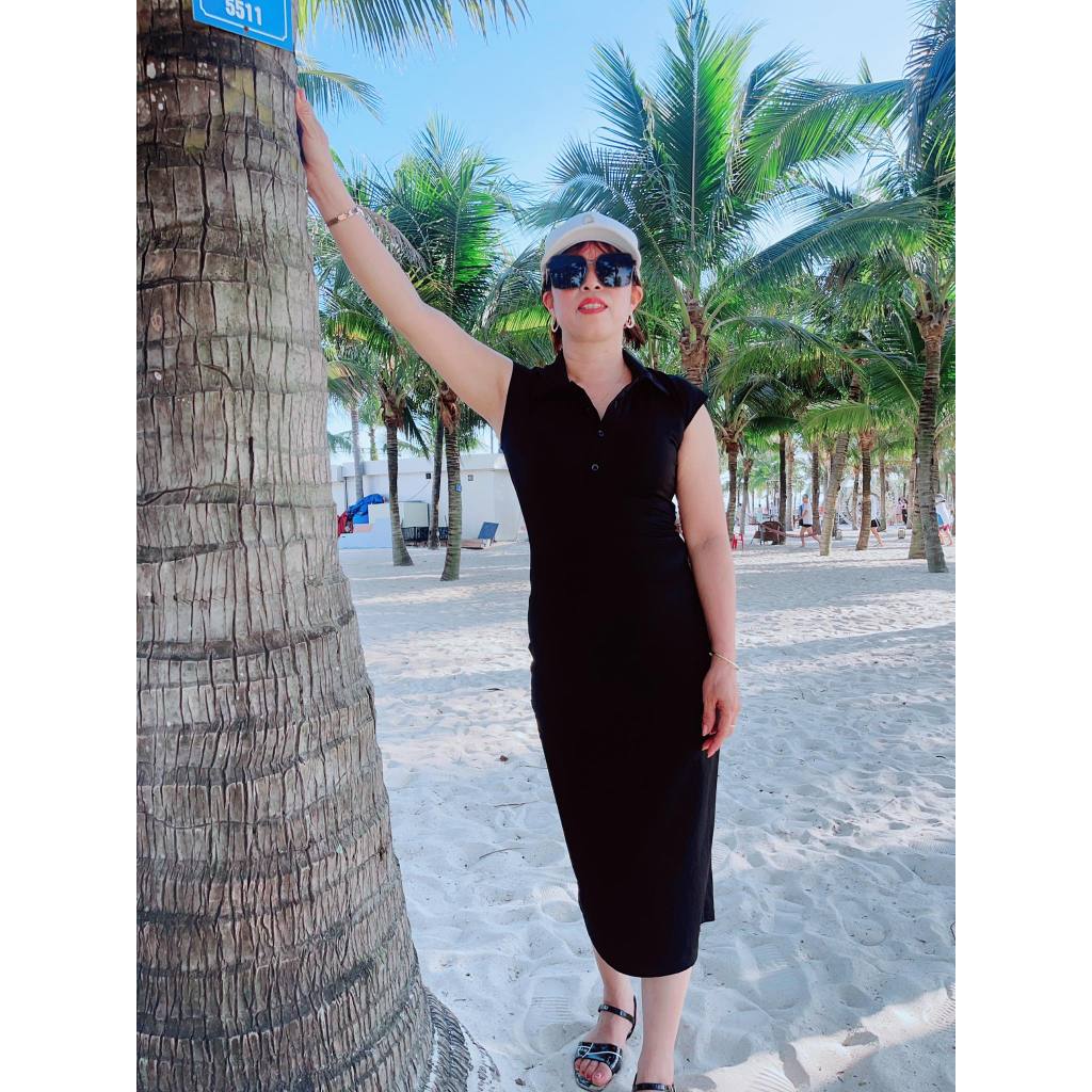 Váy dáng ôm suông màu đen thanh lịch gọn cổ polo  NOIR DRESS