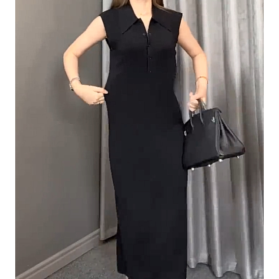 Váy dáng ôm suông màu đen thanh lịch gọn cổ polo  NOIR DRESS