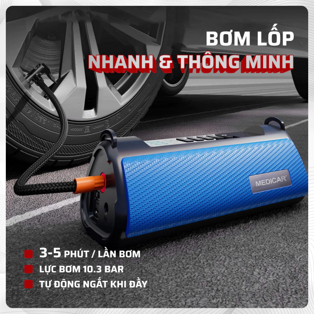 BƠM LỐP KÍCH BÌNH Ô TÔ V2 4IN1 Medicar 12.000mAh. Tích hợp đèn chiếu sáng công suất cao, an toàn