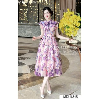 Đầm hoa thời trang mùa hè dễ mặc vải voan mềm mát cổ sơ mi gài nút tay áo viền bèo xếp ly eo dễ thương