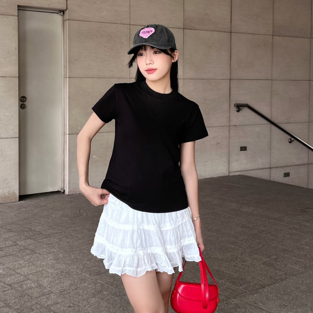 Áo thun baby tee nữ trơn basic ngắn tay cổ bo chun chất cotton mềm thoáng mát thấm hút mồ hôi - BBT