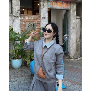 Áo sơ mi hai mảnh giả áo len cổ áo nữ mùa thu và mùa đông mới mặc bên trong gió lười màu tương phản